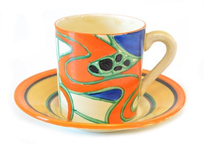 Lot 28 - Clarice Cliff Bizarre 'Sunrise' Pattern Coffee Can & a Bizarre Saucer