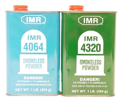 Lot 582 - Two tins of IMR powder, 4064 and 4320.  LICENCE REQUIRED.