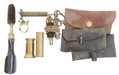 Lot 519 - W. Bartram 12 bore brass case priming tool and other vintage equipment