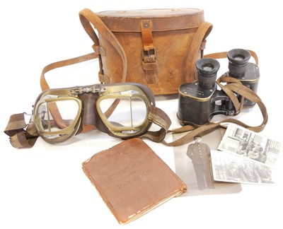 Lot 350 - Soldiers Pay Book, a pair of WWI era binoculars and a pair of goggles