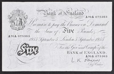 Lot 146 - A Black and White Series (1955-56), Five Pounds banknote.