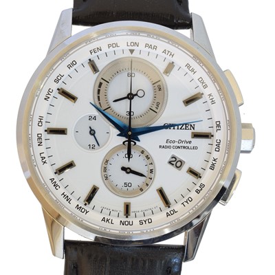 Lot 280 - A Citizen Eco-Drive Radio Controlled chronograph calendar quartz wristwatch