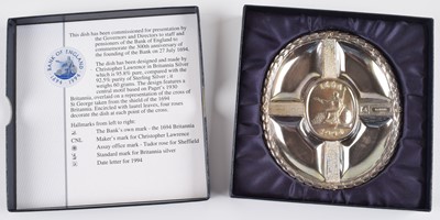 Lot 156 - Christopher Lawrence, Britannia standard silver Bank of England 300 years commemorative dish.
