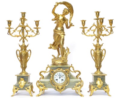 Lot 185 - Late 19th century French Onyx and Ormolu Clock Garniture