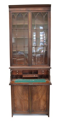 Lot 285 - Mid 19th century mahogany and ebony strung secretaire bookcase