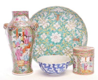 Lot 164 - Chinese vase, box, plate and bowl.