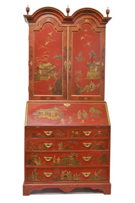 Lot 274 - 20th century George I style red Japanned bureau bookcase