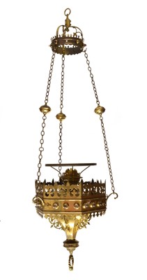 Lot 251 - Late 19th century Gothic revival gilt brass hanging ecclesiastical lamp