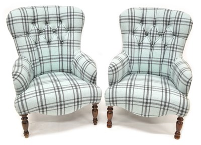 Lot 288 - Pair of modern tartan upholstered button back armchairs