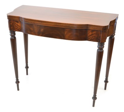 Lot 320 - George III style mahogany and boxwood strung fold-over tea table