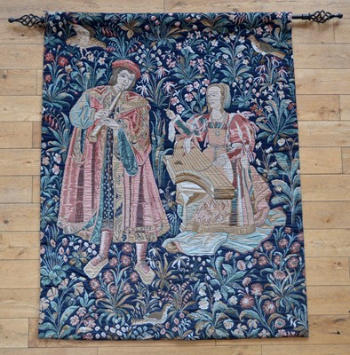 Lot 364 - 20th century tapestry of Flemish design depicting a couple of musicians