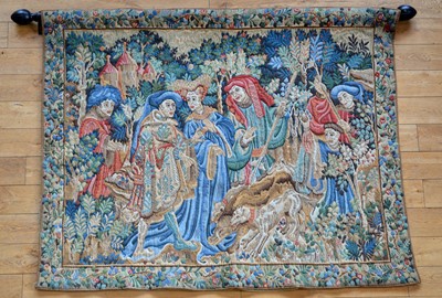 Lot 363 - 20th century tapestry of Flemish design depicting a medieval boar hunt