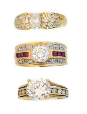 Lot 100 - Three 14ct gold CZ dress rings