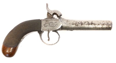 Lot 12 - Percussion box lock pistol, 3inch 80 bore turn-...