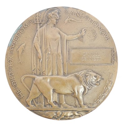 Lot 170A - WW1 memorial plaque, awarded to Samuel Bennett...