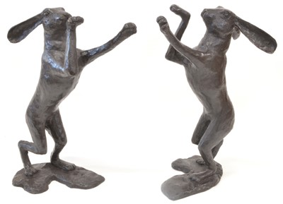 Lot 453 - Large and Impressive Pair of Bronze Boxing Hares