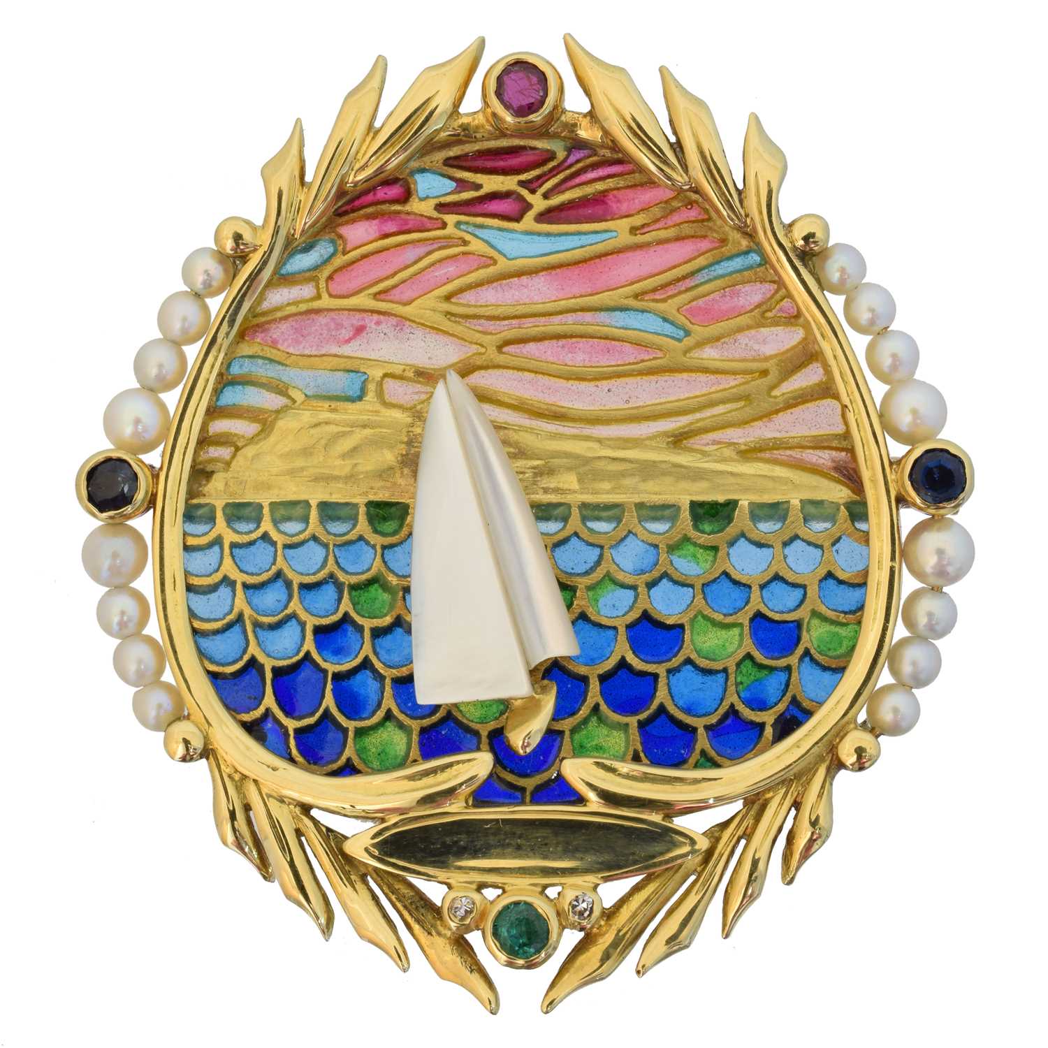 Lot 1 - An 18ct gold plique-à-jour brooch by J. Roca
