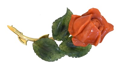Lot 5 - A gold coral and nephrite brooch