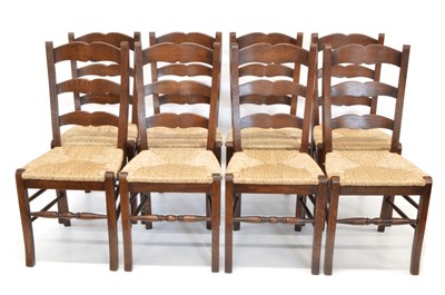 Lot 330 - Eight George III style Oak Lancashire Ladder Back Chairs