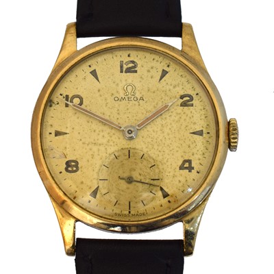 Lot 198 - A 1950s 9ct gold Omega manual wind wristwatch.
