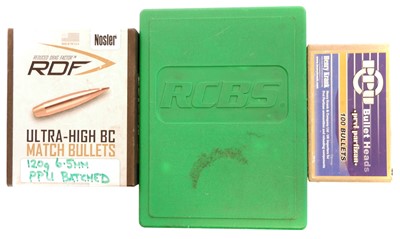 Lot 597 - 6.5mm FMJ bullets in two boxes, also a two die...