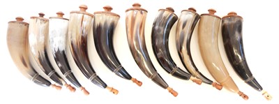 Lot 452 - Ten modern powder horns with turned wood tops...