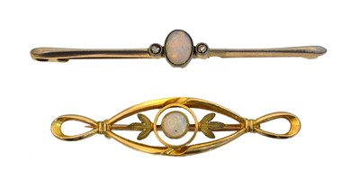 Lot 28 - Two early 20th century 15ct gold opal bar brooches.