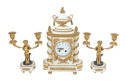 Lot 256 - Late 19th Century French White Marble and Gilt Brass Clock Garniture