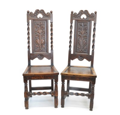 Lot 362 - Pair of 17th Century and Later Oak Panel Back Side Chairs