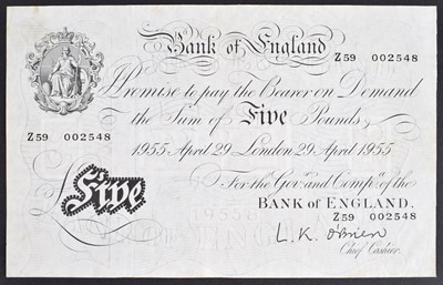 Lot 98 - A Black and White Series (1955-56), Five Pounds banknote, L.K. O'Brien.