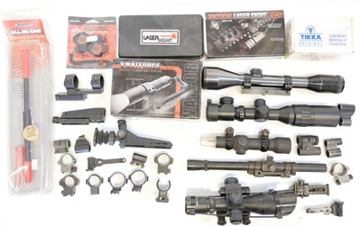 Lot 591 - Collection of various gun optics, torches and...