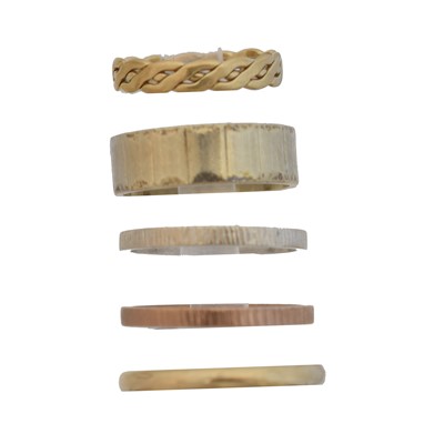Lot 93 - Five 9ct gold band rings.