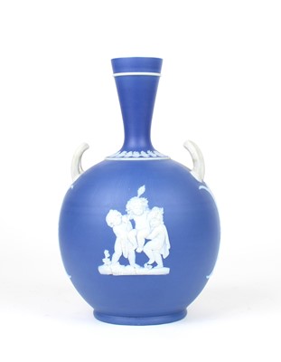 Lot 95 - A Blue Jasperware Twin-Handled Bottle Vase by Wedgwood