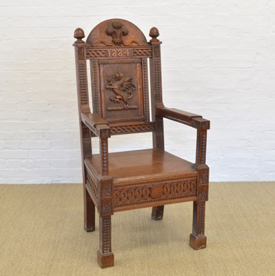 Lot 361 - Late 19th Century Carved Oak Bardic or wainscot Chair