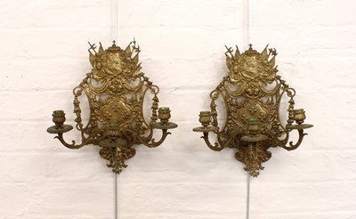 Lot 310 - A Pair of 19th Century French Brass Three-Branch Wall Sconces