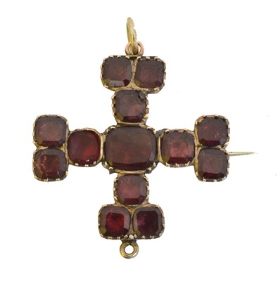 Lot 23 - A 19th century foil back garnet cross brooch.