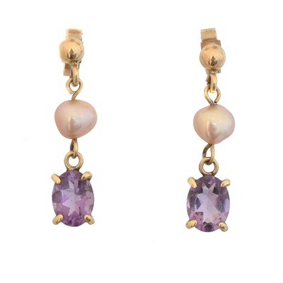 Lot 26 - A pair of amethyst and cultured pearl earrings.
