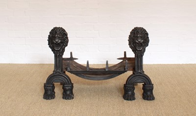 Lot 168 - A Pair of Victorian Cast Iron Lion Mask Andirons and a Grate