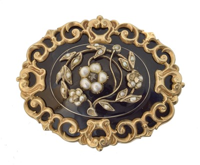 Lot 10 - A Victorian split pearl, diamond and enamel mourning brooch.