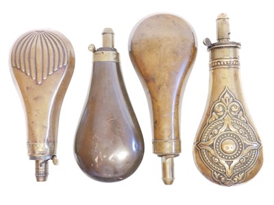Lot 454 - Four copper and brass powder flasks, one...