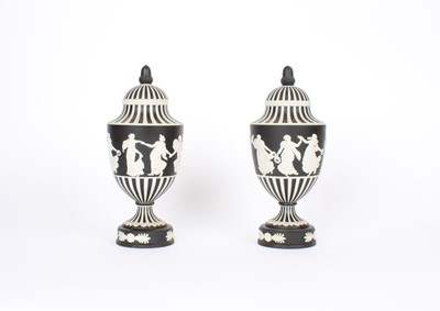 Lot 80 - A Pair of Wedgwood Black Pinstripe Jasperware Urns with Covers