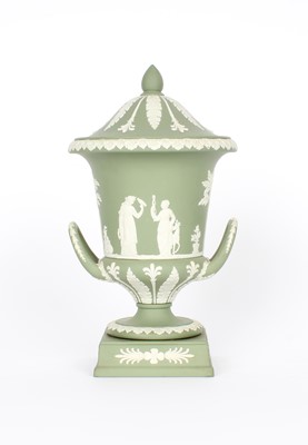 Lot 85 - A Wedgwood Green Jasperware Twin-Handled Urn with Cover