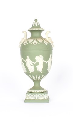 Lot 86 - A Wedgwood Green Jasperware Twin-Handled Urn with Cover