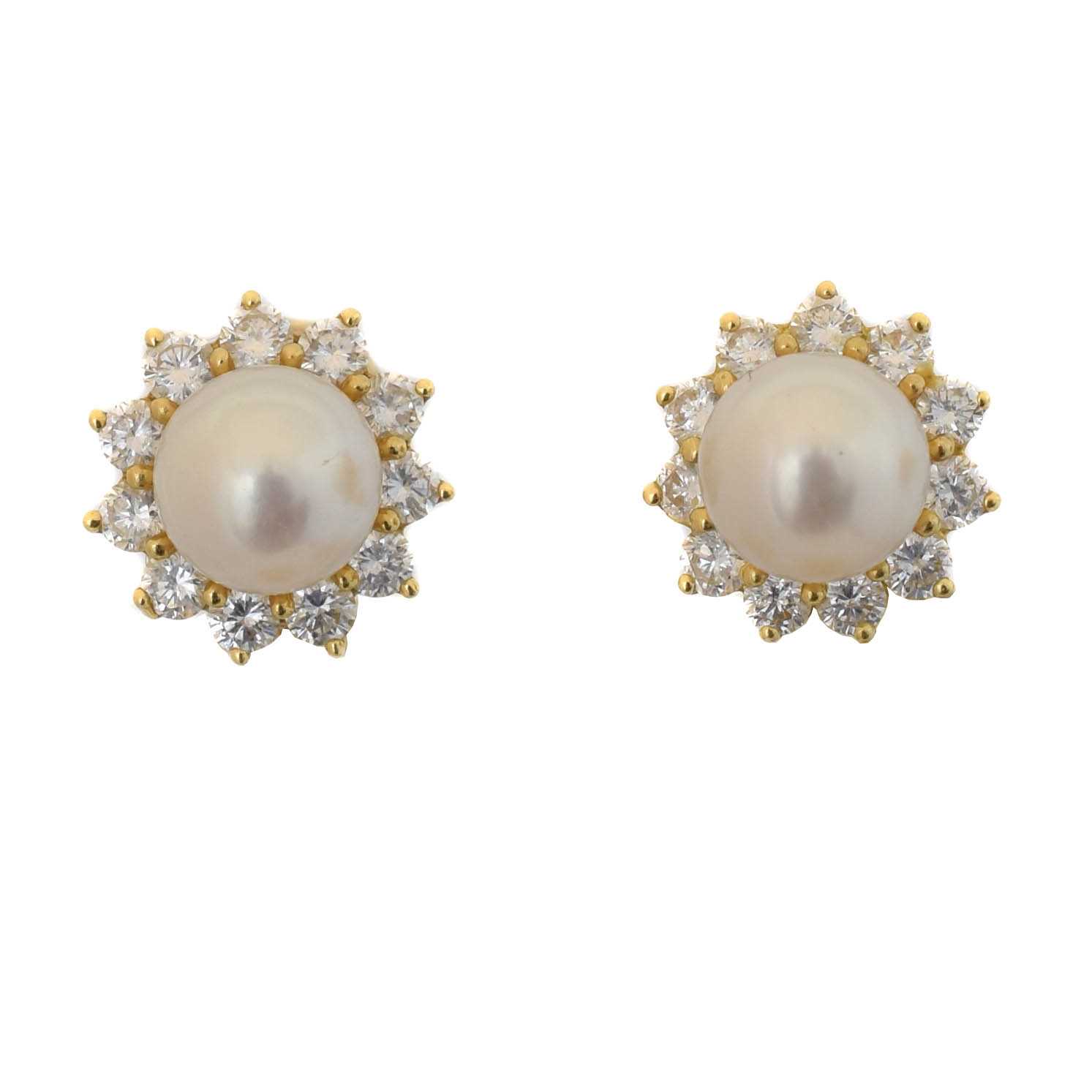 Lot 53 - A pair of cultured pearl and diamond earrings by Mikimoto.