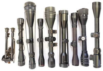 Lot 585 - Seven rifle telescopes and a Harris bipod.