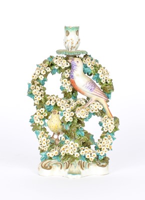 Lot 51 - A Late 18th Century Pseudo-Chelsea Hard Paste Porcelain Bird Bocage Chamberstick