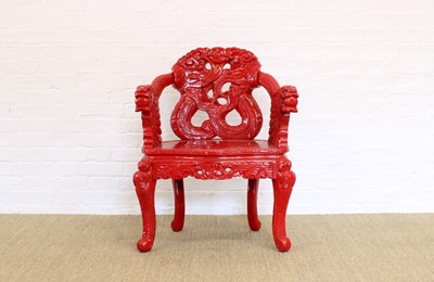 Lot 364 - A Red-Painted Hardwood "Dragon" Armchair