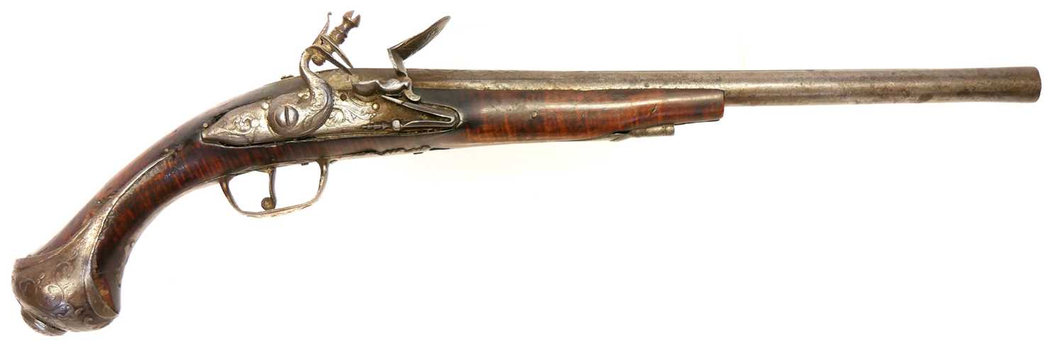 Lot 4 - Turkish flintlock 18 bore pistol, 14 inch...