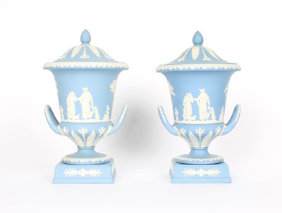 Lot 93 - A Pair of Large Wedgwood Blue Jasperware Twin-Handled Urns with Covers