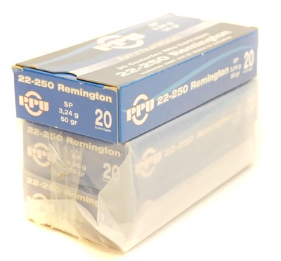 Lot 556 - PPU 22-250 Remington ammunition, sixty rounds,...